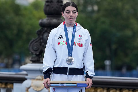 Women's cycling time trial medal ceremony: Silver medalist Anna Henderson, of Britain